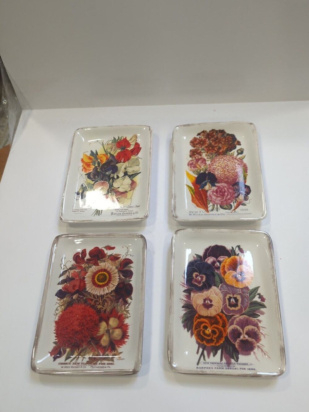 Set Of‎ Four Cracker Barrel Garden Seed Trinket Dishes Floral HTF